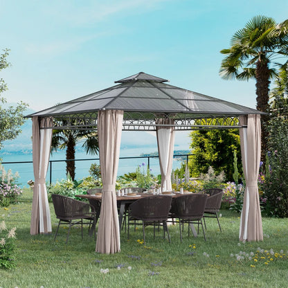 Hard Top Double Polycarbonate Roof Gazebo with Nettings & Curtains - 3x3 (m) - Grey Clear / Khaki