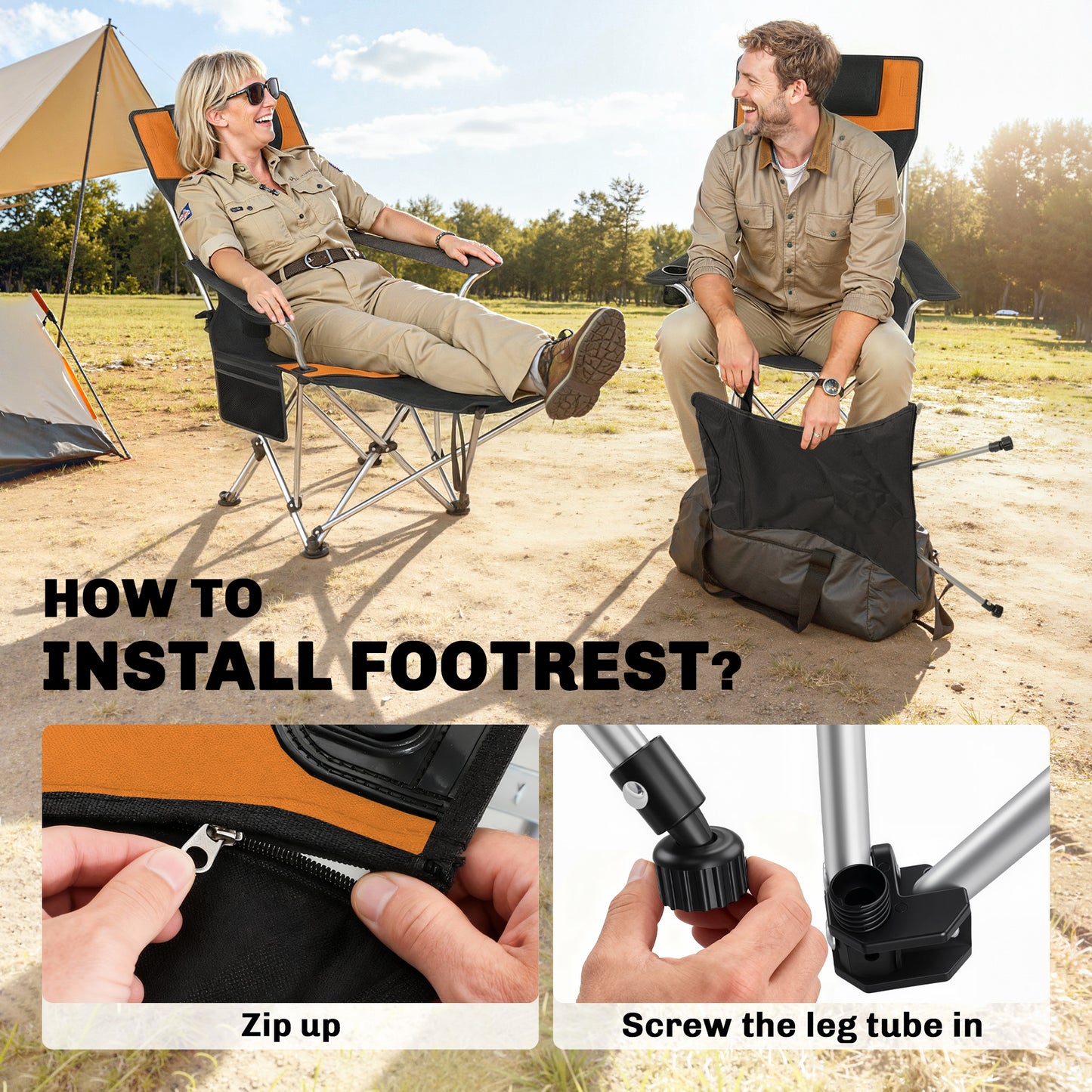 Set of 2 Reclining Folding Camping Chair w/ Detachable Footrest, Storage Bag, Cup Holder & Headrest