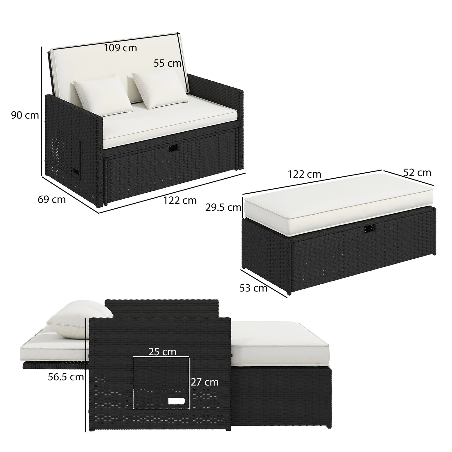 Rattan Garden Daybed, Double Sun Lounger with 5-Level Adjustable Back, Storage Ottoman, Cream White