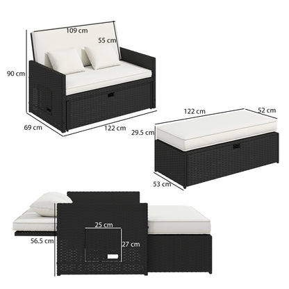 Rattan Garden Daybed, Double Sun Lounger with 5-Level Adjustable Back, Storage Ottoman, Cream White