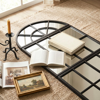 Large Arched Wall Mirror with Metal Grid, 3-Piece Split Window Mirrors, 120 x 54 cm, Black
