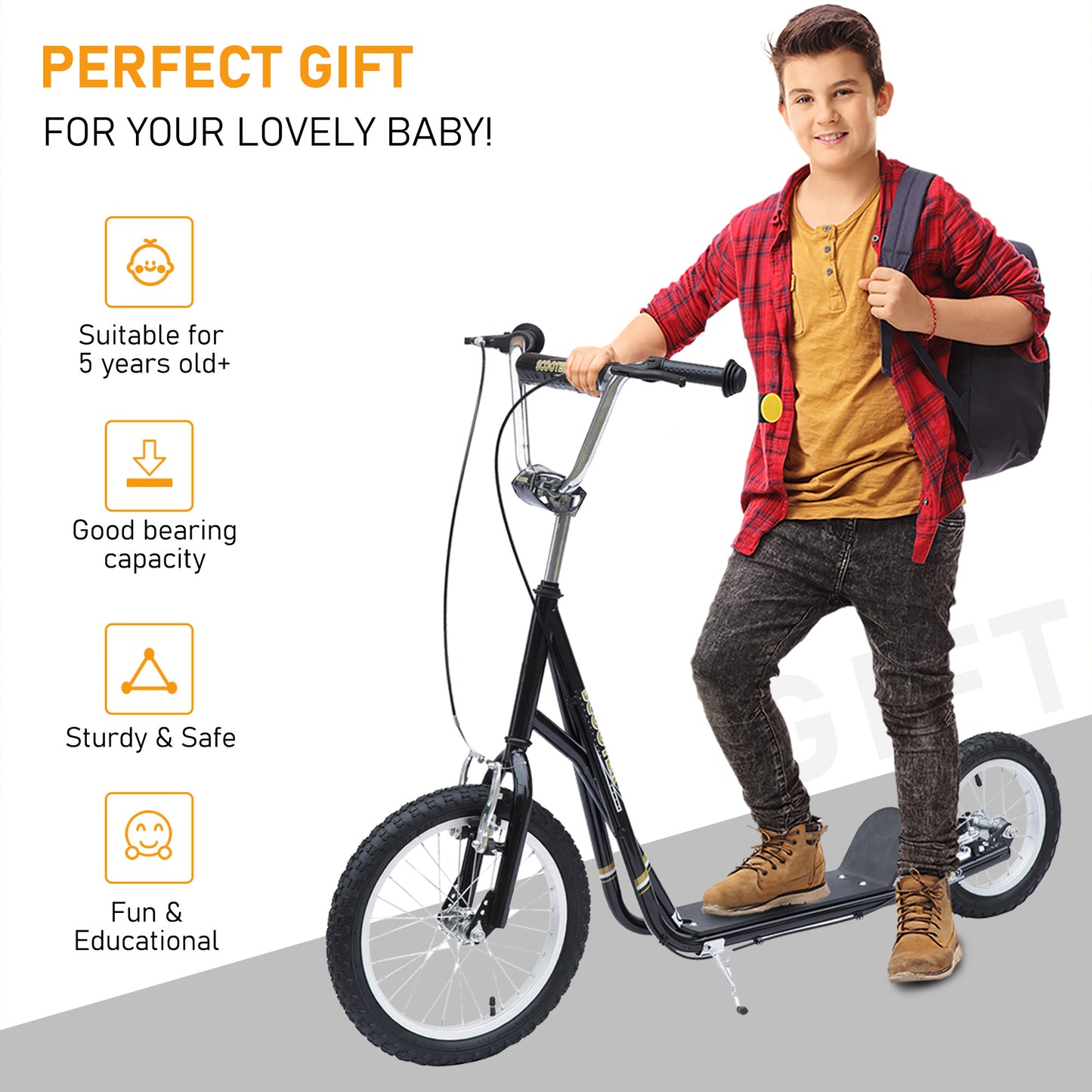 Kids Scooter, Teen Kick Scooter with Rubber Wheels, 16" Front Wheel, Height Adjustable Handlebar, Dual Brakes, Kick Stand