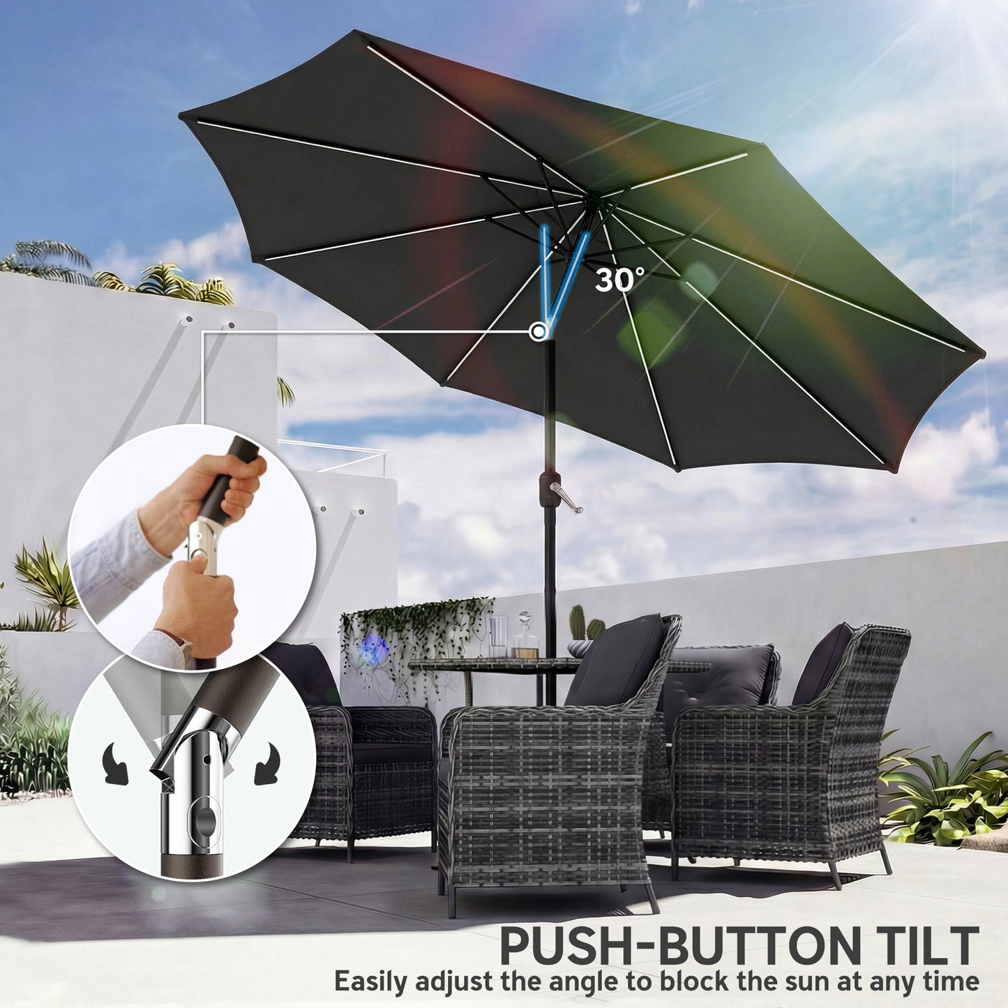 3 m Garden Parasol Umbrella with 112 Solar Powered LED Lights, Patio Umbrella with Crank Handle, Black