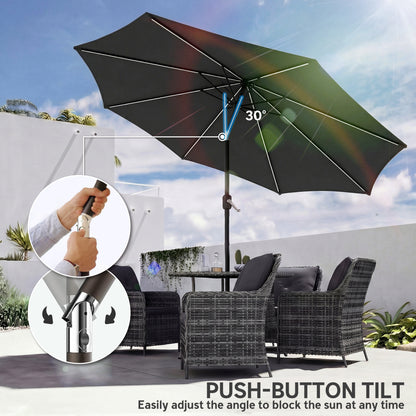 3 m Garden Parasol Umbrella with 112 Solar Powered LED Lights, Patio Umbrella with Crank Handle, Black
