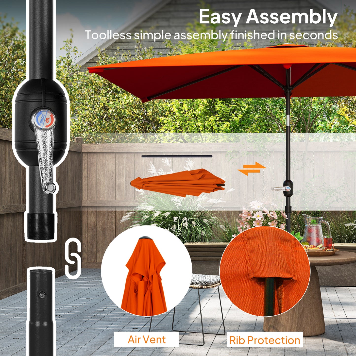 3x2m Garden Parasol Umbrella with Aluminium Pole, Tilt and Crank, Rectangular Outdoor Table Parasol Sun Shade for Patio