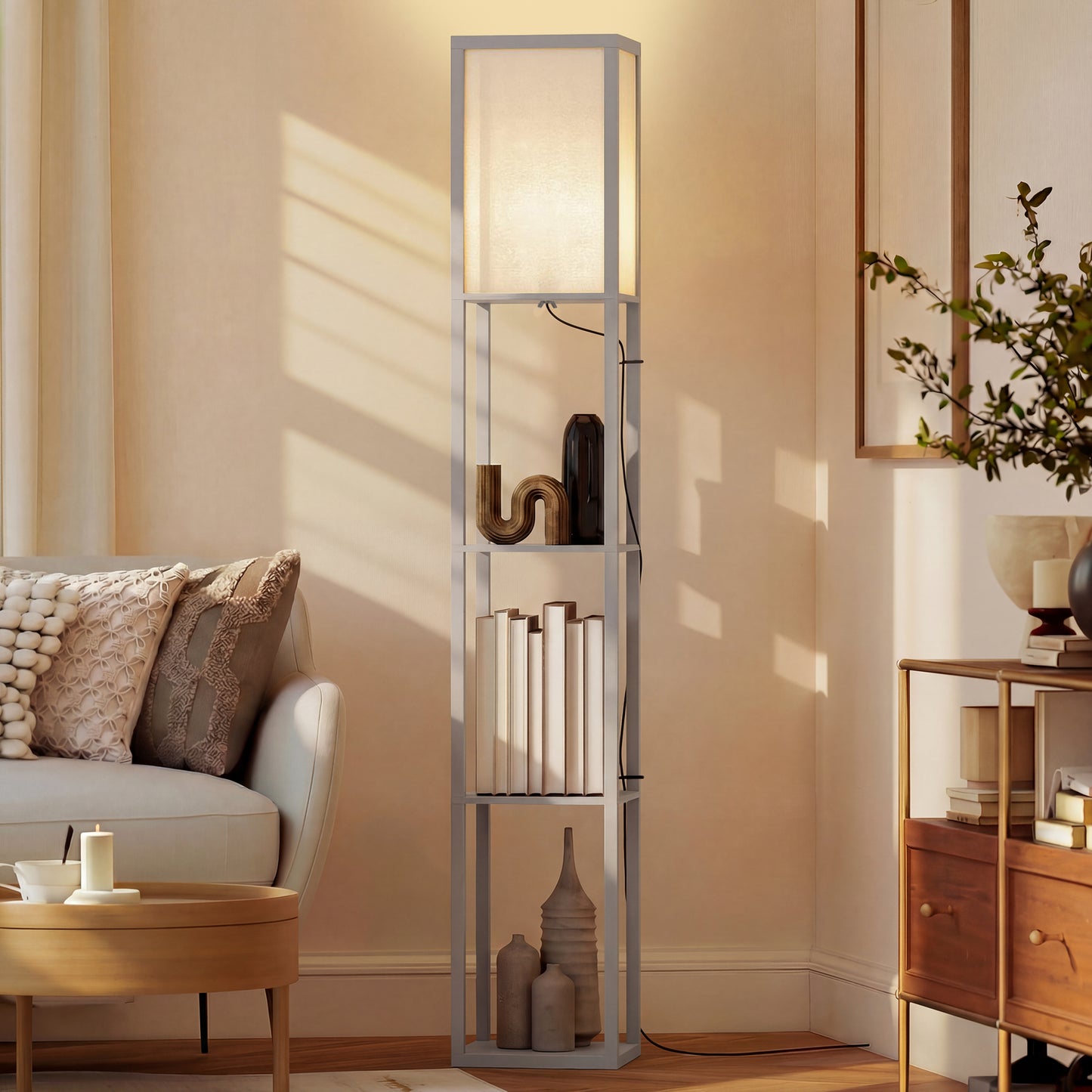 3-Tier Floor Lamp with Shelves and Storage, Modern Corner Standing Lamp with Lampshade, Foot Switch for Living Room, Bedroom