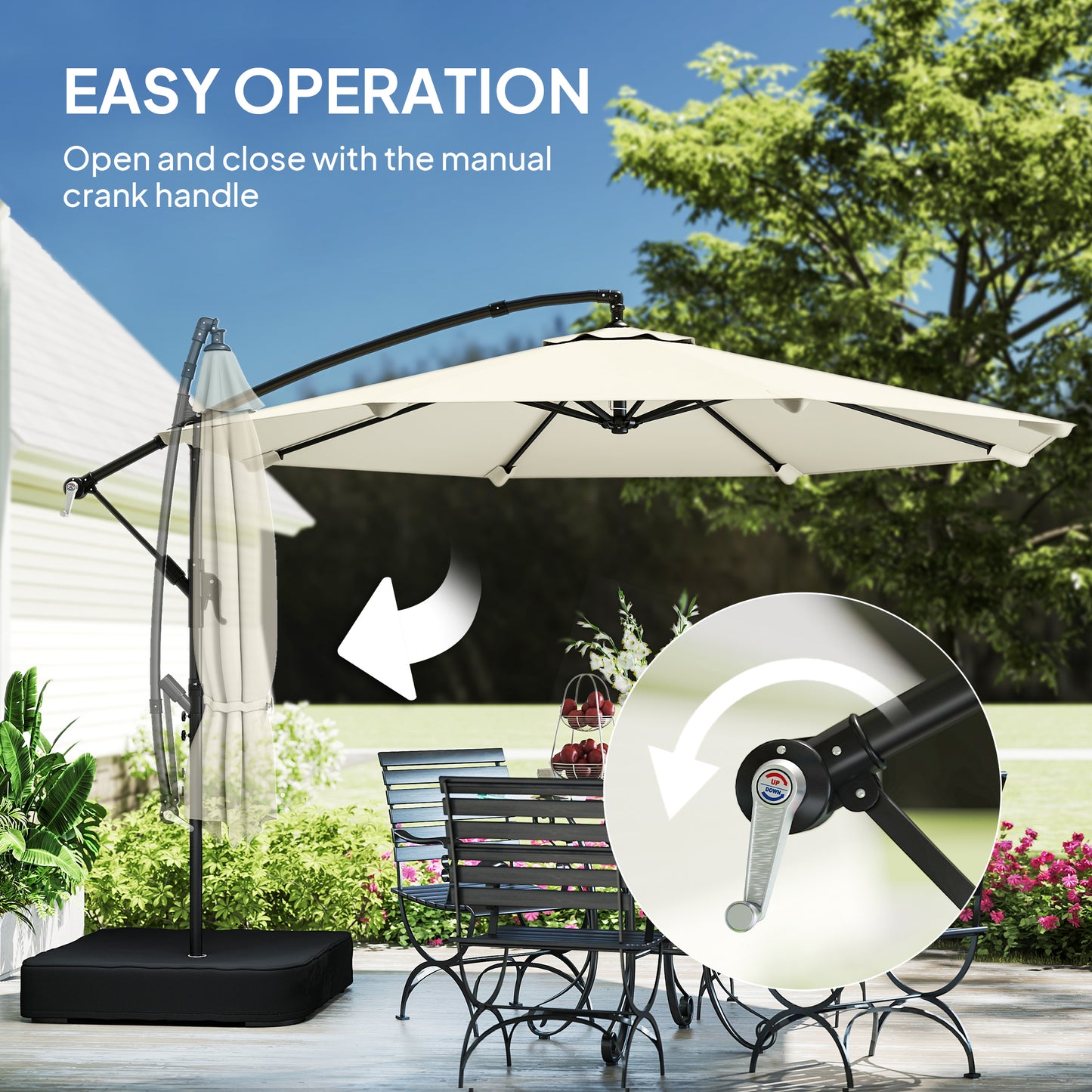 3 m Garden Cantilever Parasol with Cross Base, Sandbag, 360° Rotating Overhanging Banana Umbrella, Cream White