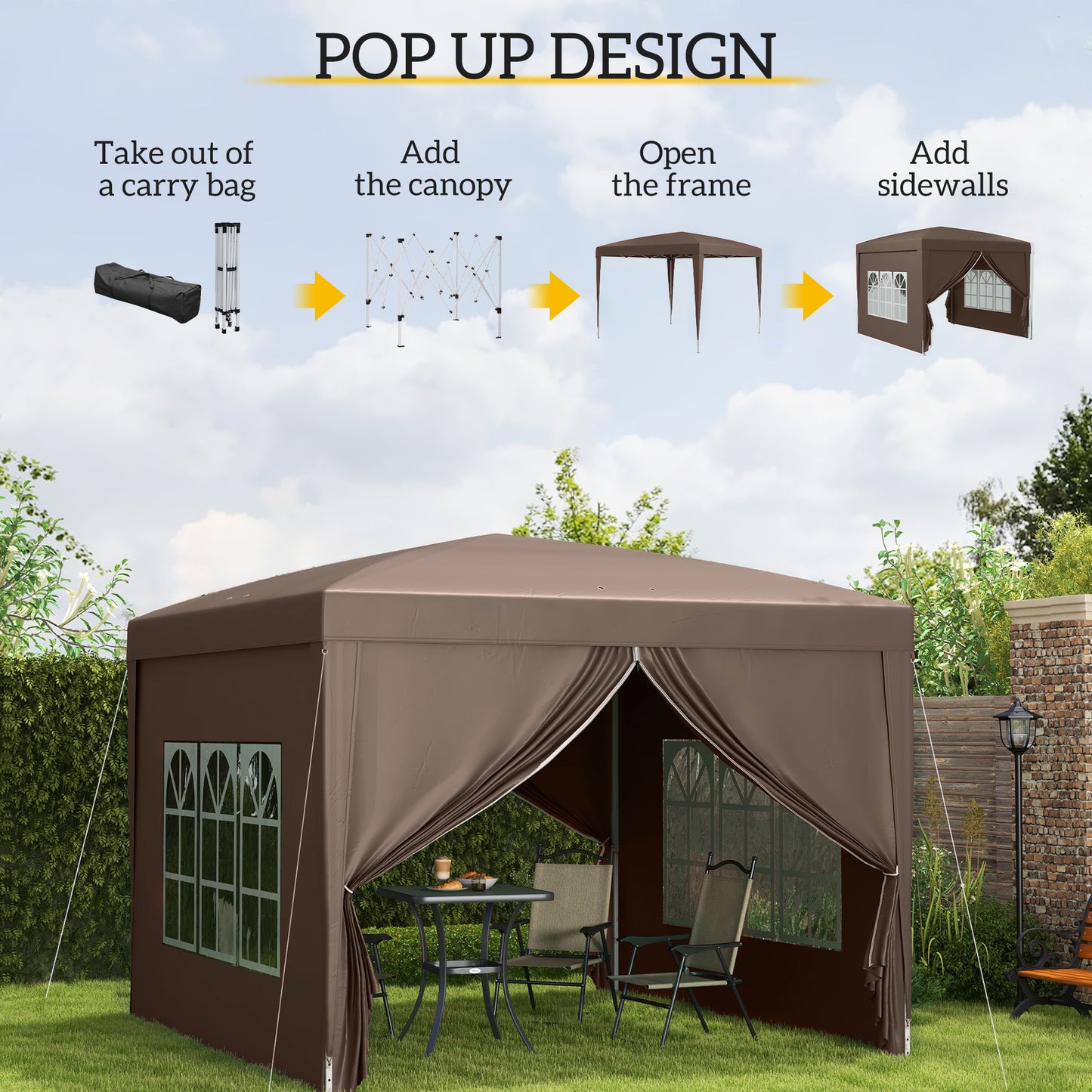 3x3(m) Pop-Up Gazebo, with Curtain Walls and Windows, Coffee