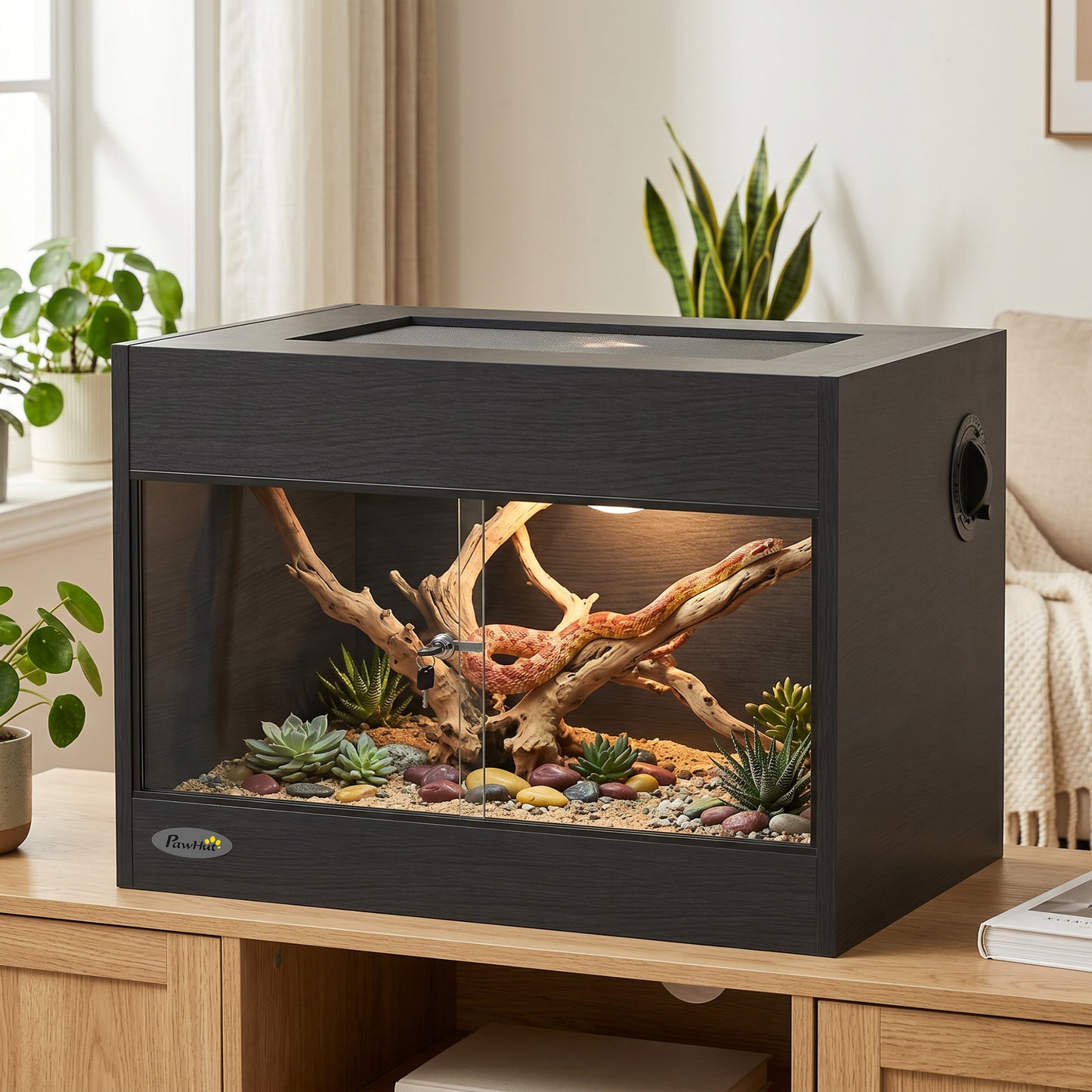 Reptile Terrarium, Reptile Vivarium with Glass Doors, Secure Lock, Top Ventilation for Snake, Gecko, 60x45x45cm, Black