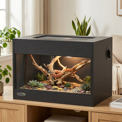Reptile Terrarium, Reptile Vivarium with Glass Doors, Secure Lock, Top Ventilation for Snake, Gecko, 60x45x45cm, Black