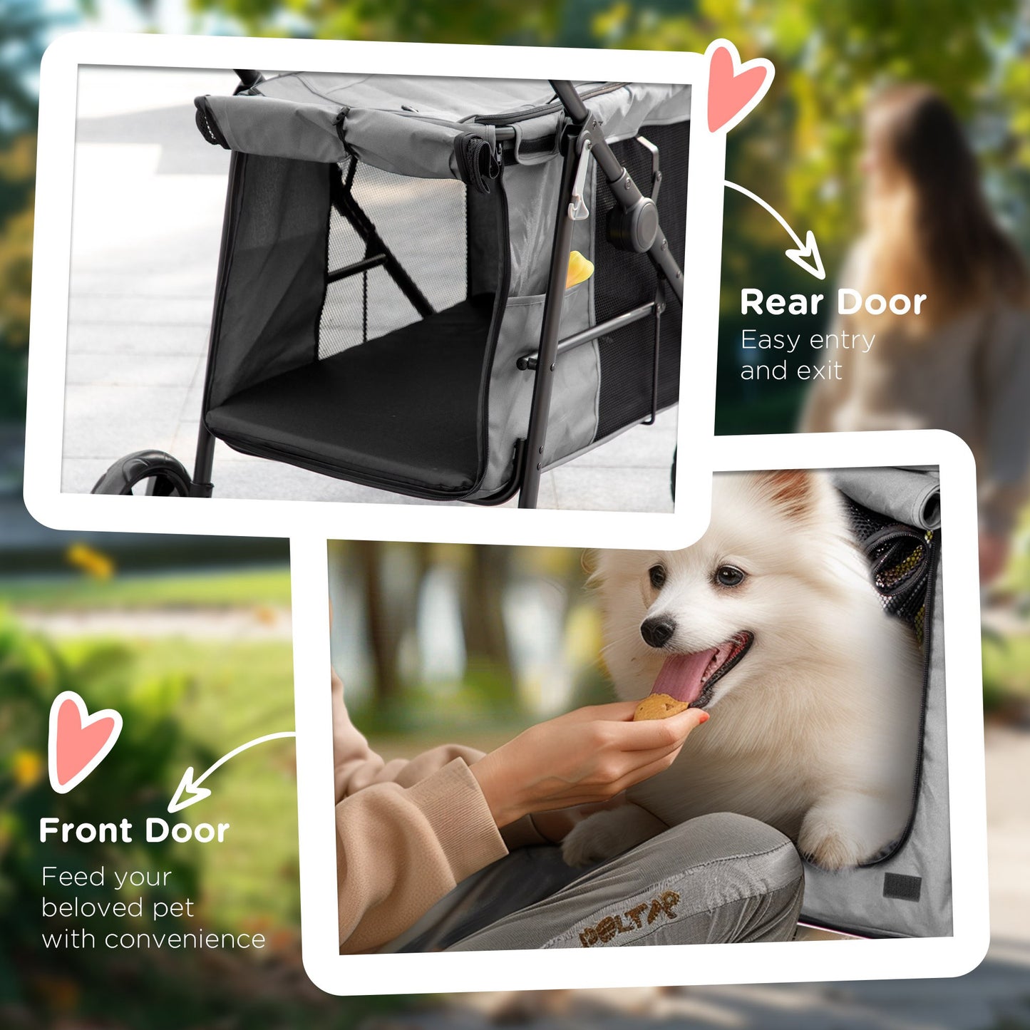 Dog Pram Dog Stroller 4 Wheels Pet Pushchair with Rolling Door, Cushion, Safety Leashes, for Small and Medium Breeds, Grey