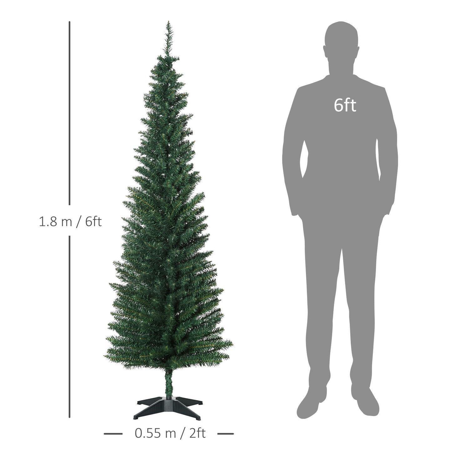 6ft Unlit Artificial Christmas Tree, Pencil Slim Xmas Tree with Solid Stand and Realistic Branches, Green