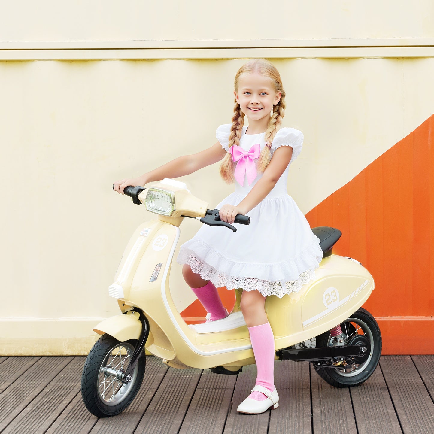 24V Kids Electric Motorbike, Ride on Motorcycle with Manual Throttle, Brakes and LED Lights for Ages 8-12 Years, Beige