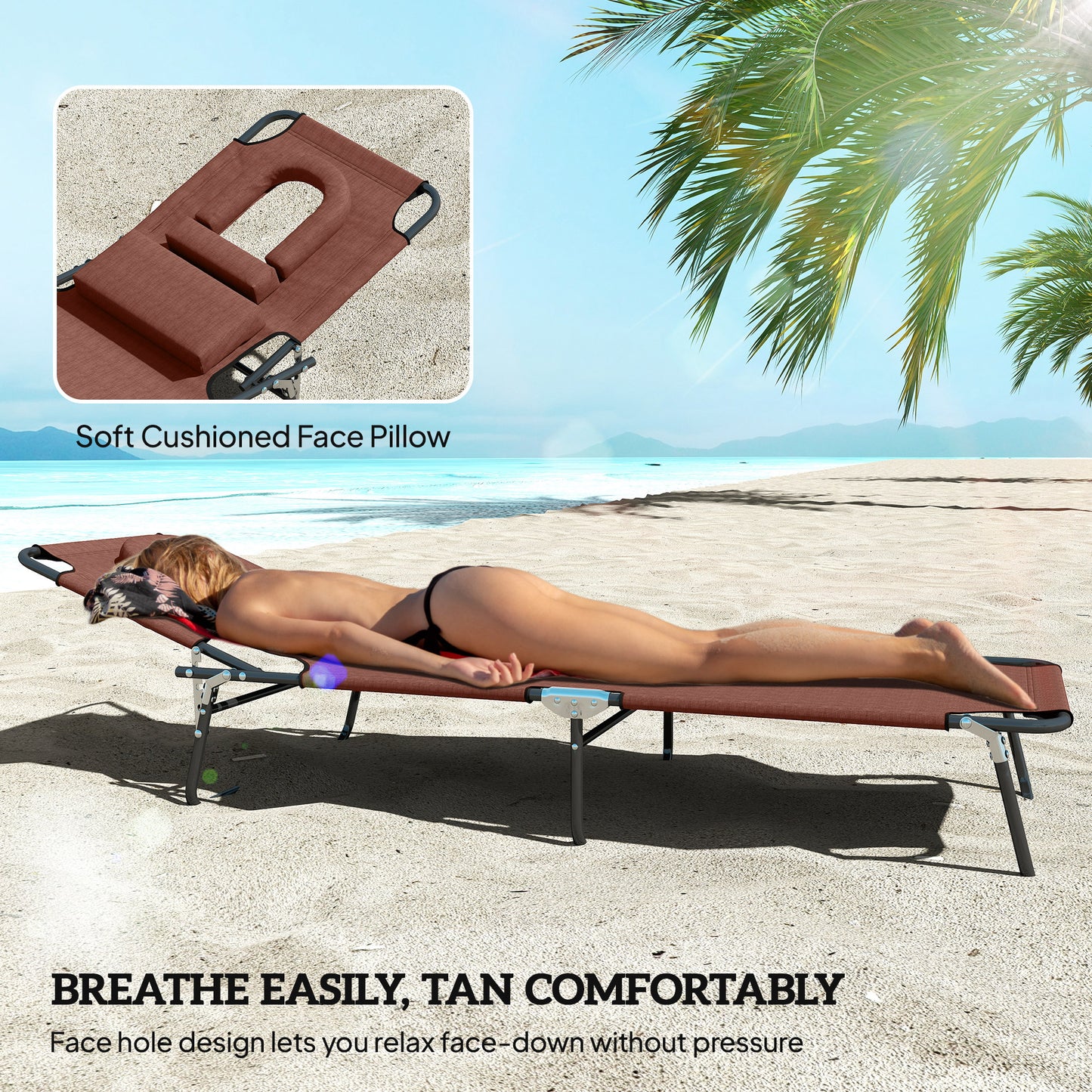 Folding Sun Lounger with Face Hole, 4-Position Adjustable Backrest Garden Recliner Chair Sunbed, Outdoor Lounge Chair