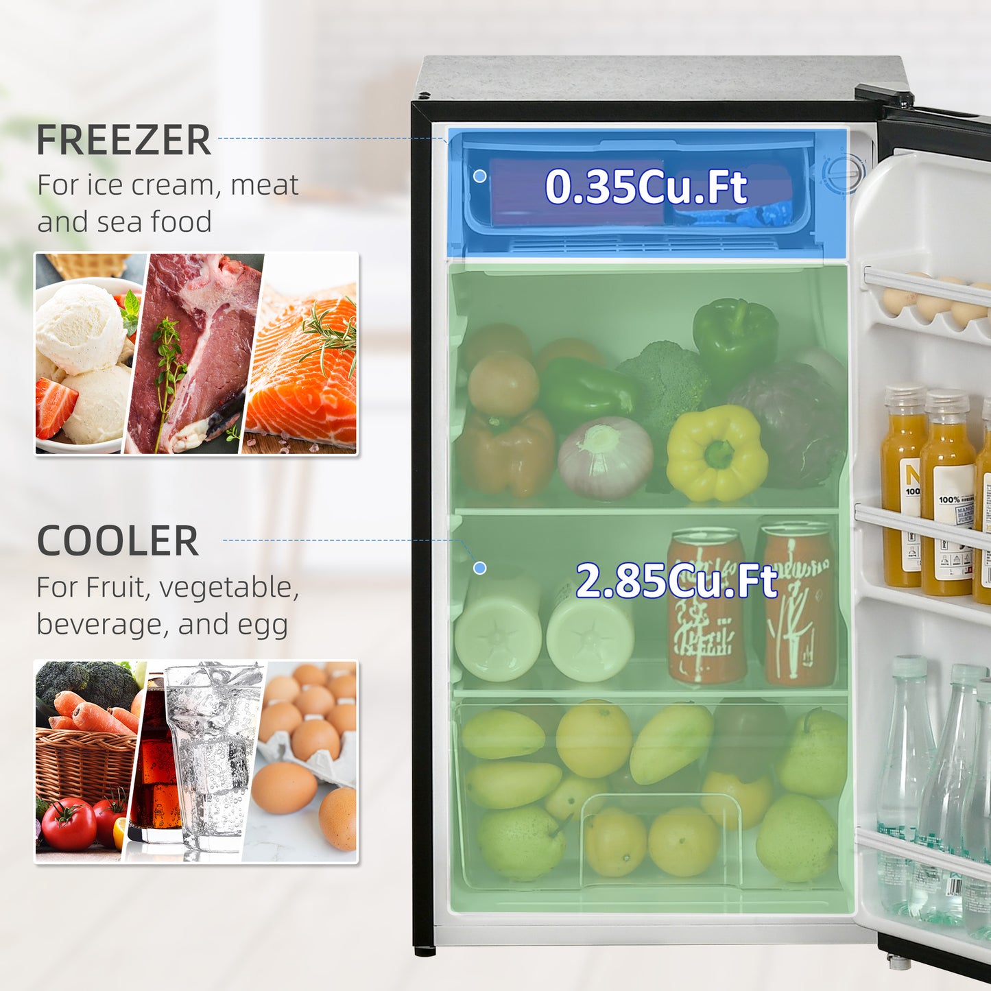 Under Counter Fridge, 91L Small Fridge with Chiller Box, Removable Shelf, Reversible Door, Adjustable Legs