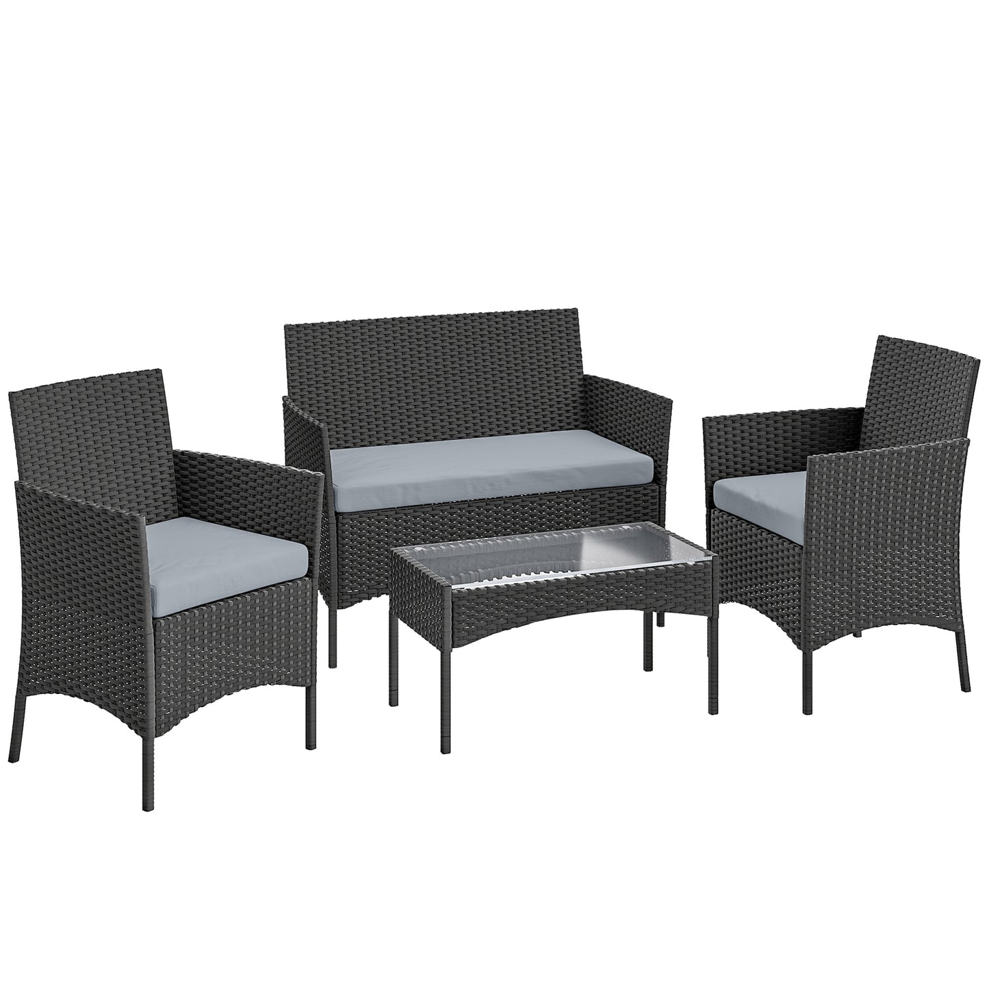 4 Piece Rattan Garden Furniture Sofa Set with Loveseat, Armchairs, Glass-Top Coffee Table and Cushions, Black