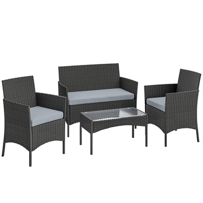 4 Piece Rattan Garden Furniture Sofa Set with Loveseat, Armchairs, Glass-Top Coffee Table and Cushions, Black