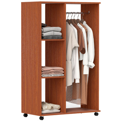 Open Wardrobe on Wheels, Bedroom Wardrobe with Clothes Hanging Rail, 3 Storage Shelves, Mobile Garment Rack for Cloakroom