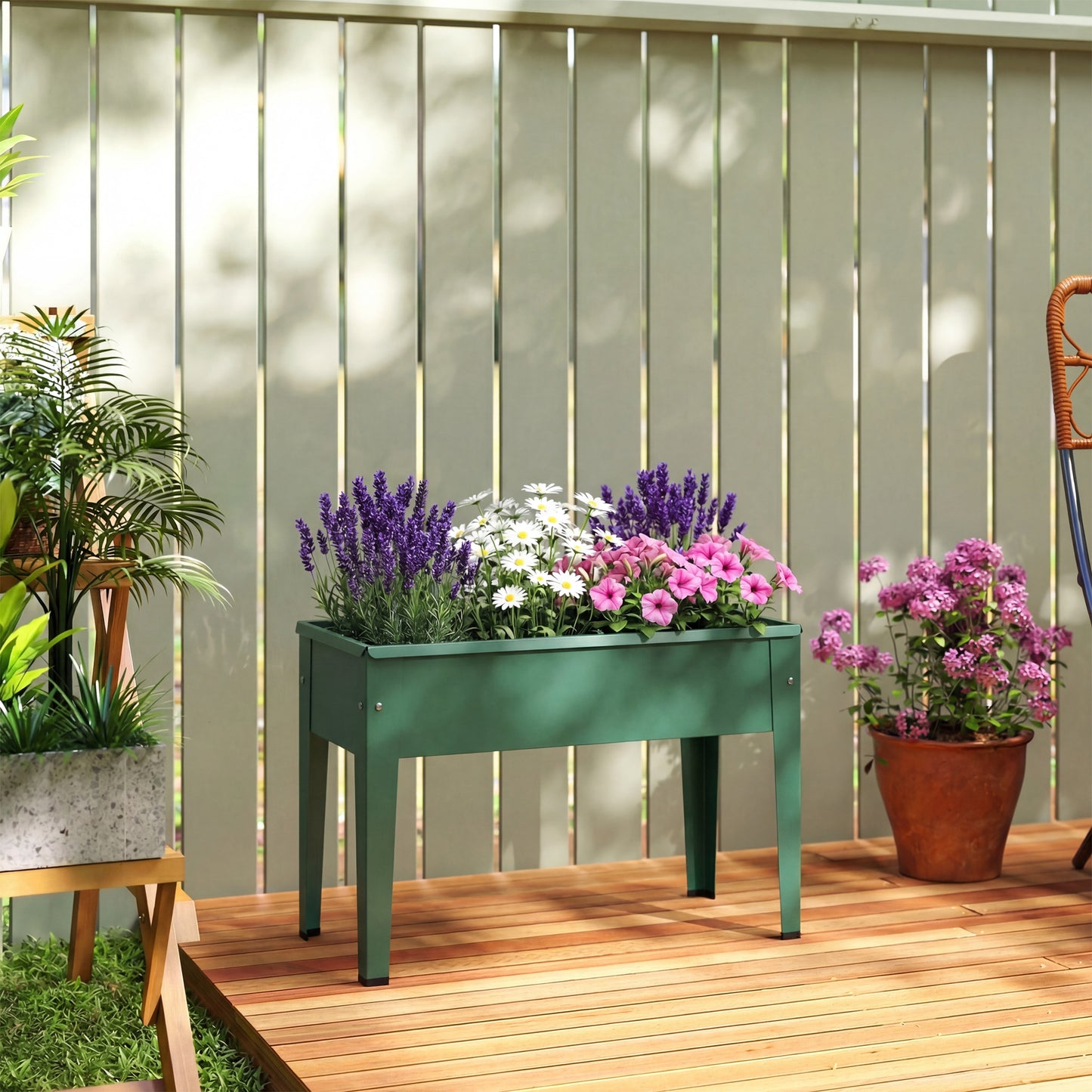 Raised Planter, Metal Raised Garden Bed on Legs with Drainage Hole and Foot Covers, Green
