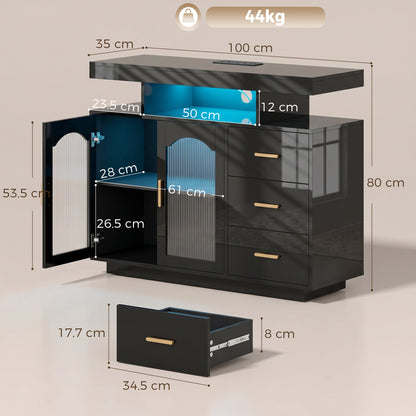 High Gloss Sideboard with LED Lights, Built-in Power Outlets, 3 Drawers, Shelves and 2 Acrylic Doors, Black