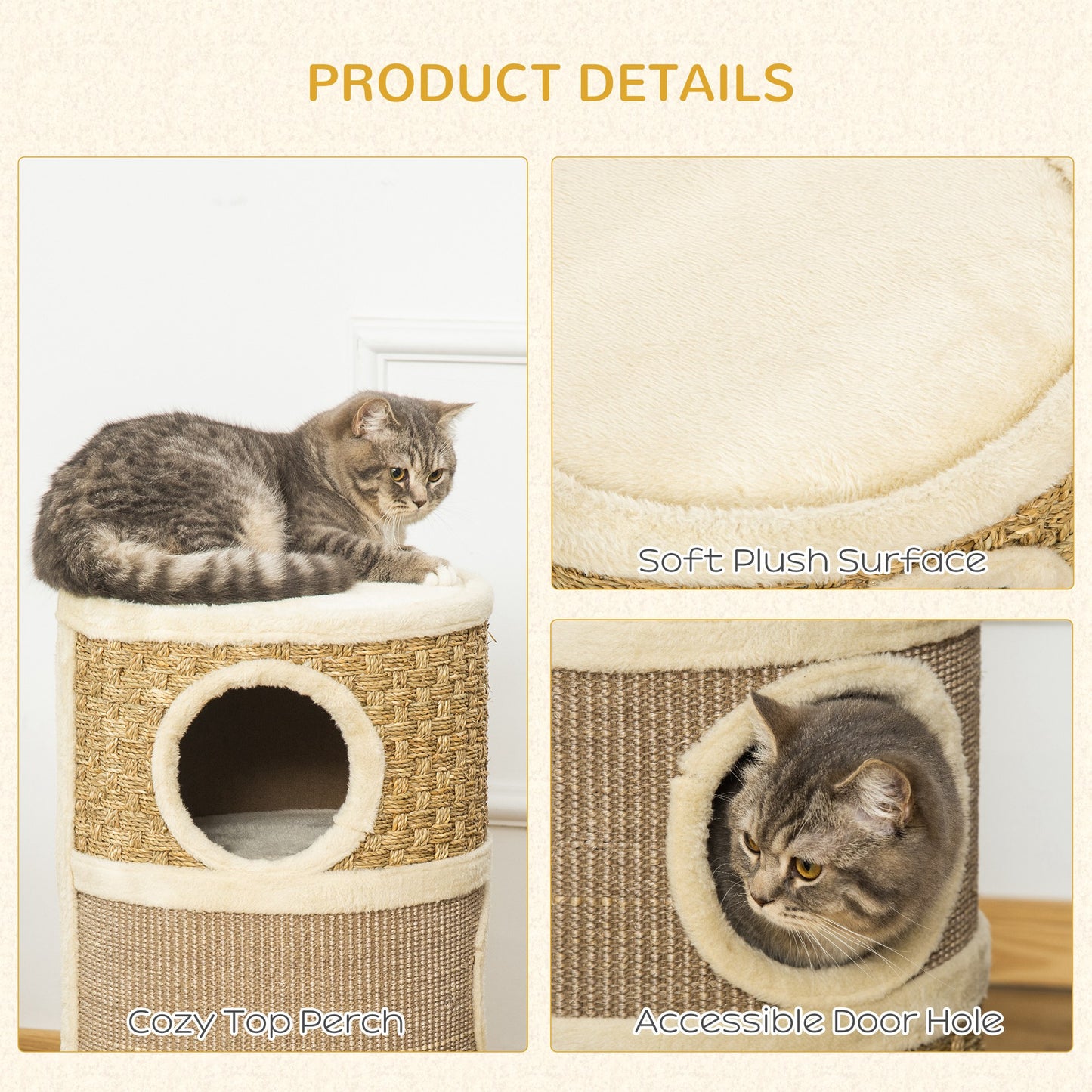 Cat Scratching Barrel Kitten Tree Tower for Indoor Cats Pet Furniture Climbing Frame Covered with Sisal and Seaweed Rope Cozy