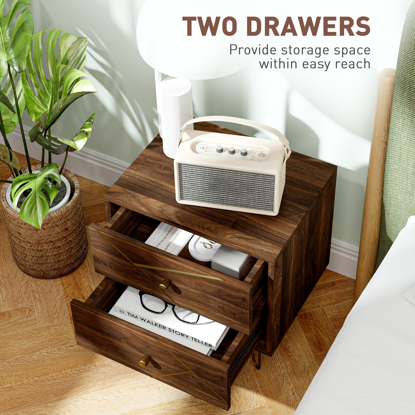 Bedside Tables Set of 2, Modern Side Table Set with 2 Drawers and Steel Hairpin Legs, Nightstand for Bedroom