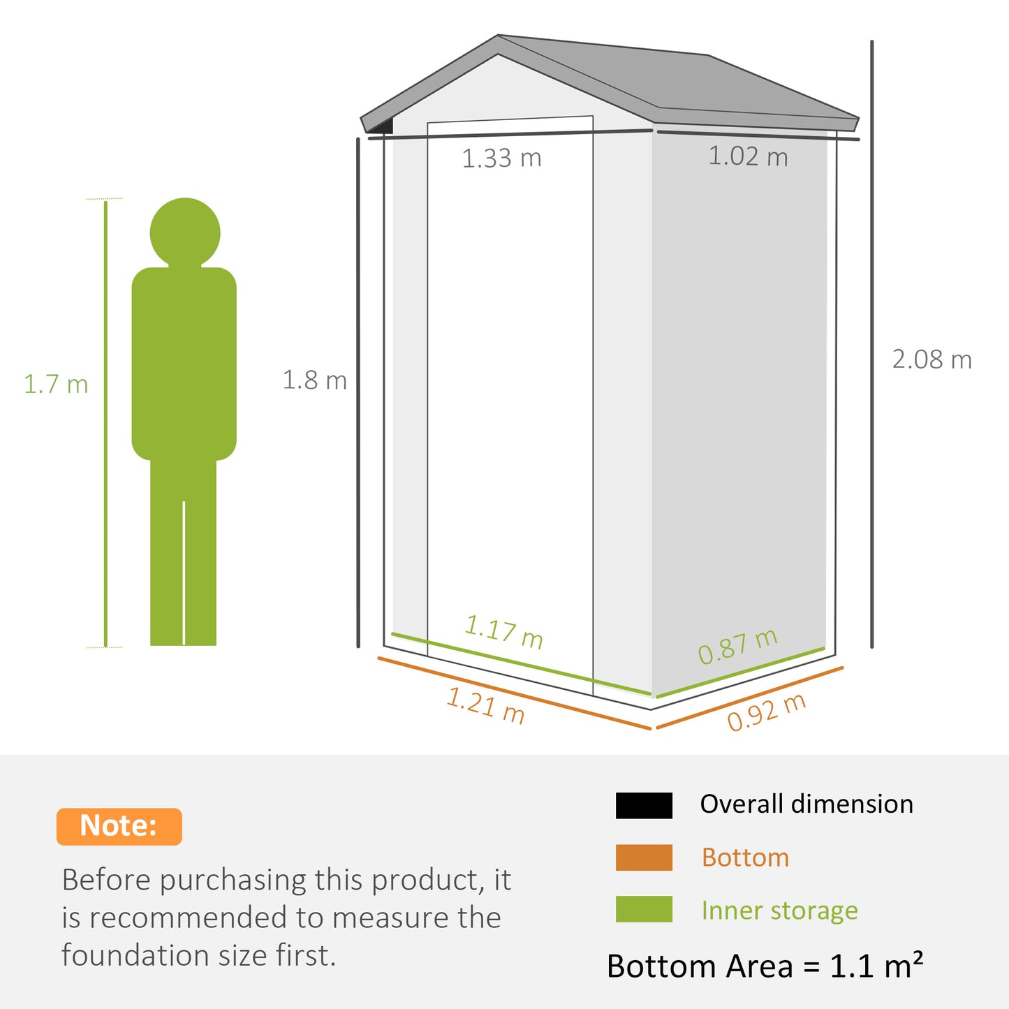 4.4ft x 3.3ft size Aluminium Frame and Plastic Wall Shed, with Foundation - Grey