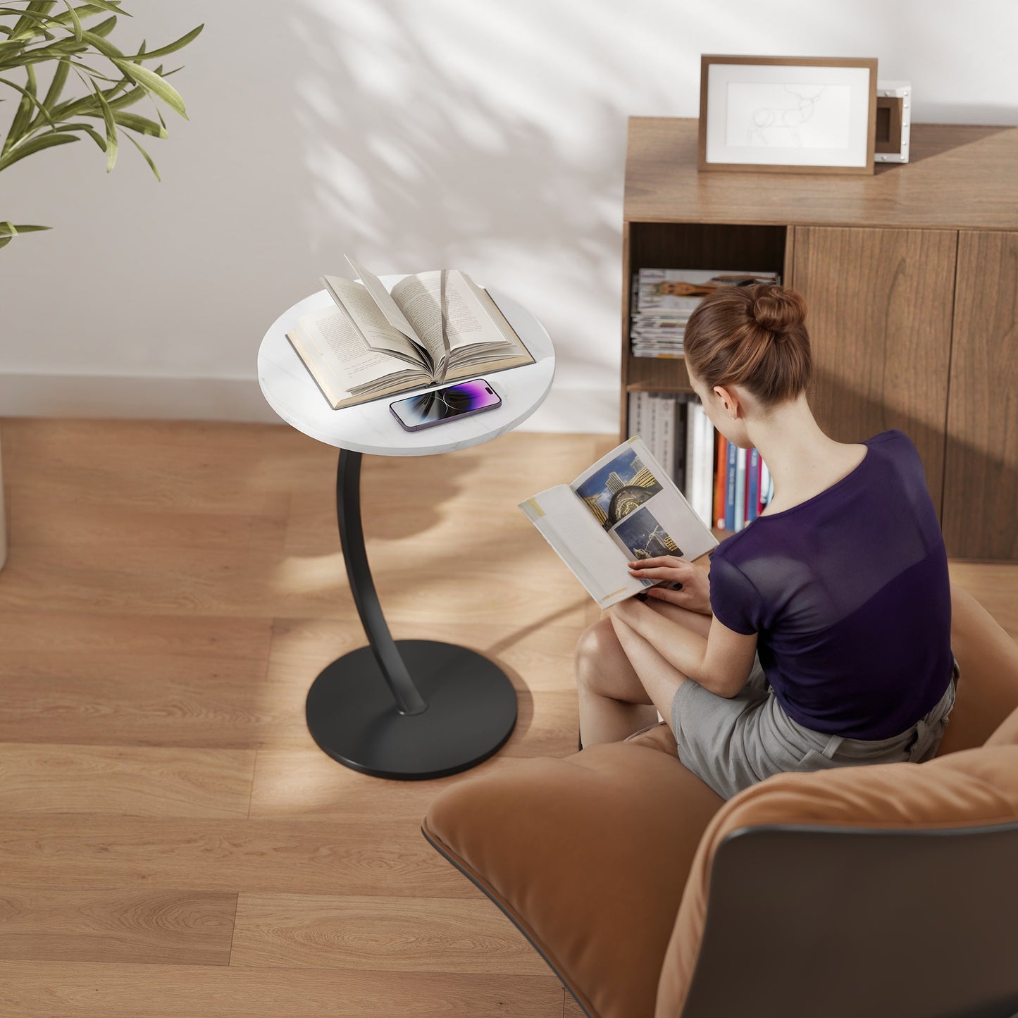 C Shaped Side Table, Round Bedside Table with Marble Effect Top