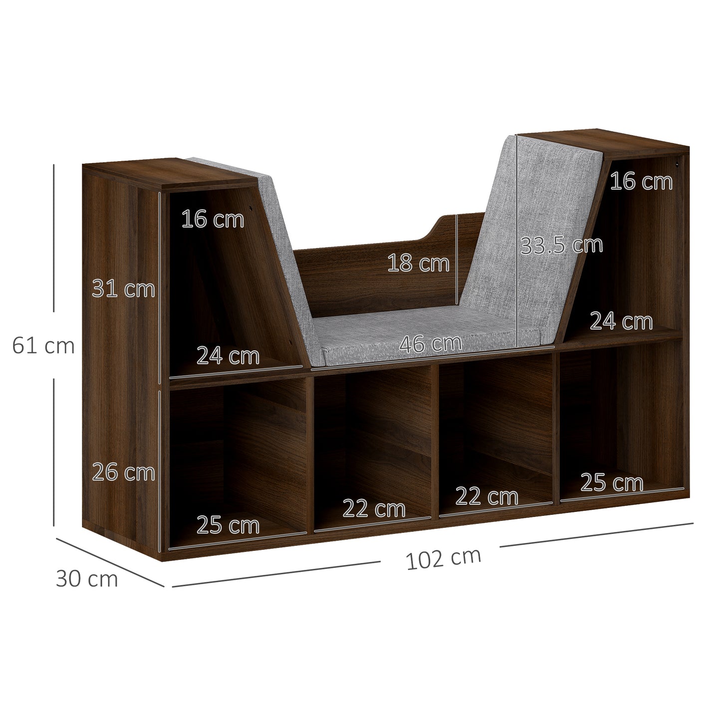 Bookcase Storage Shelf with Cushioned Reading Seat, Cube Bookshelf Organizer for Bedroom Living Room, Chestnut
