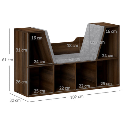 Bookcase Storage Shelf with Cushioned Reading Seat, Cube Bookshelf Organizer for Bedroom Living Room, Chestnut