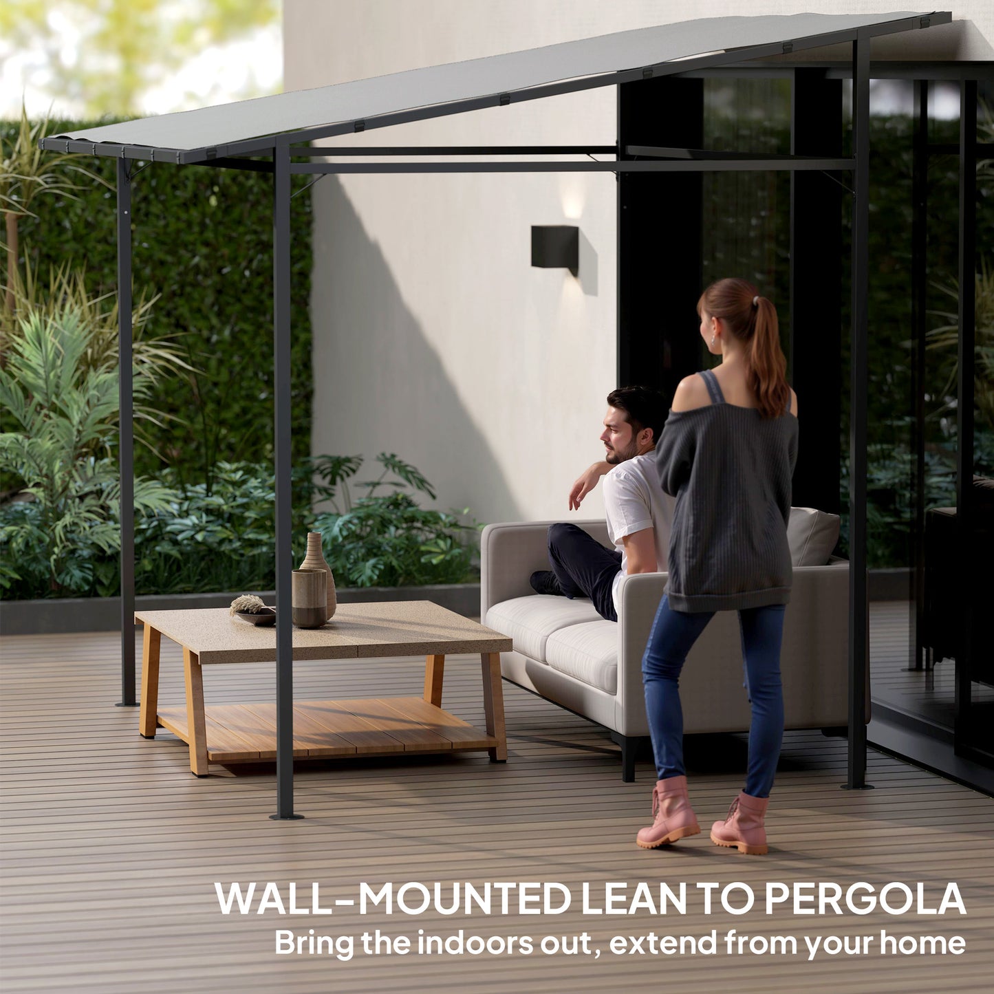 2.4 x 2.4 m Wall Mounted Pergola Gazebo with PA Coating Fabric, Metal Frame, UPF30+, Lean to Garden Gazebo, Light Grey