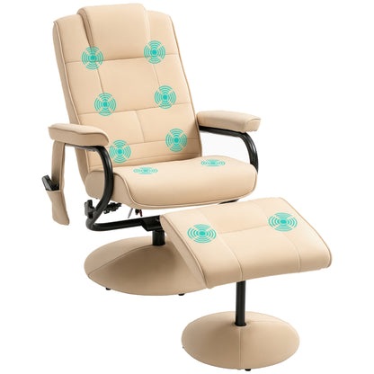 Swivel Recliner Chair and Footstool, Faux Leather Massage Recliner Armchair with Remote Control and Round Wrapped Base, Beige