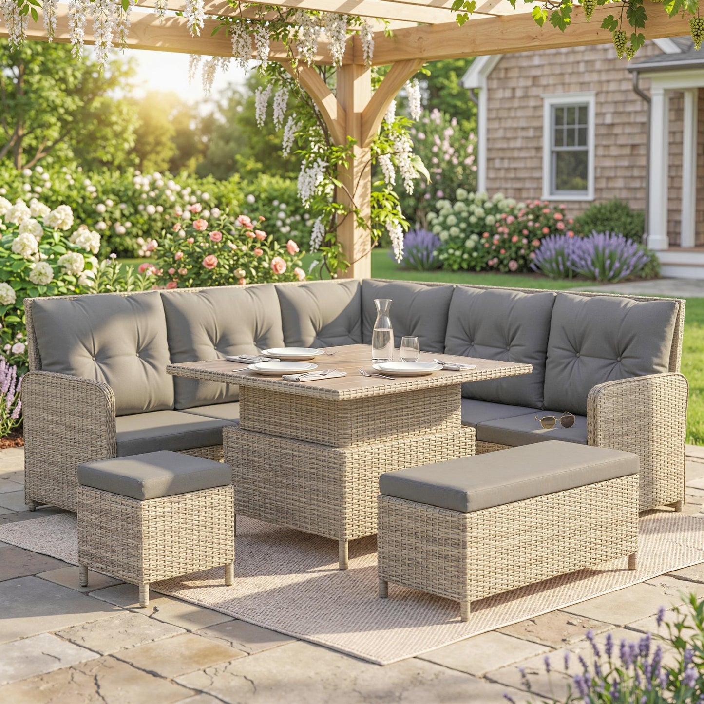7 Seater Rattan Garden Furniture Set, 6 Piece Patio Dining Set with Liftable Coffee Table and Soft Padded Cushion