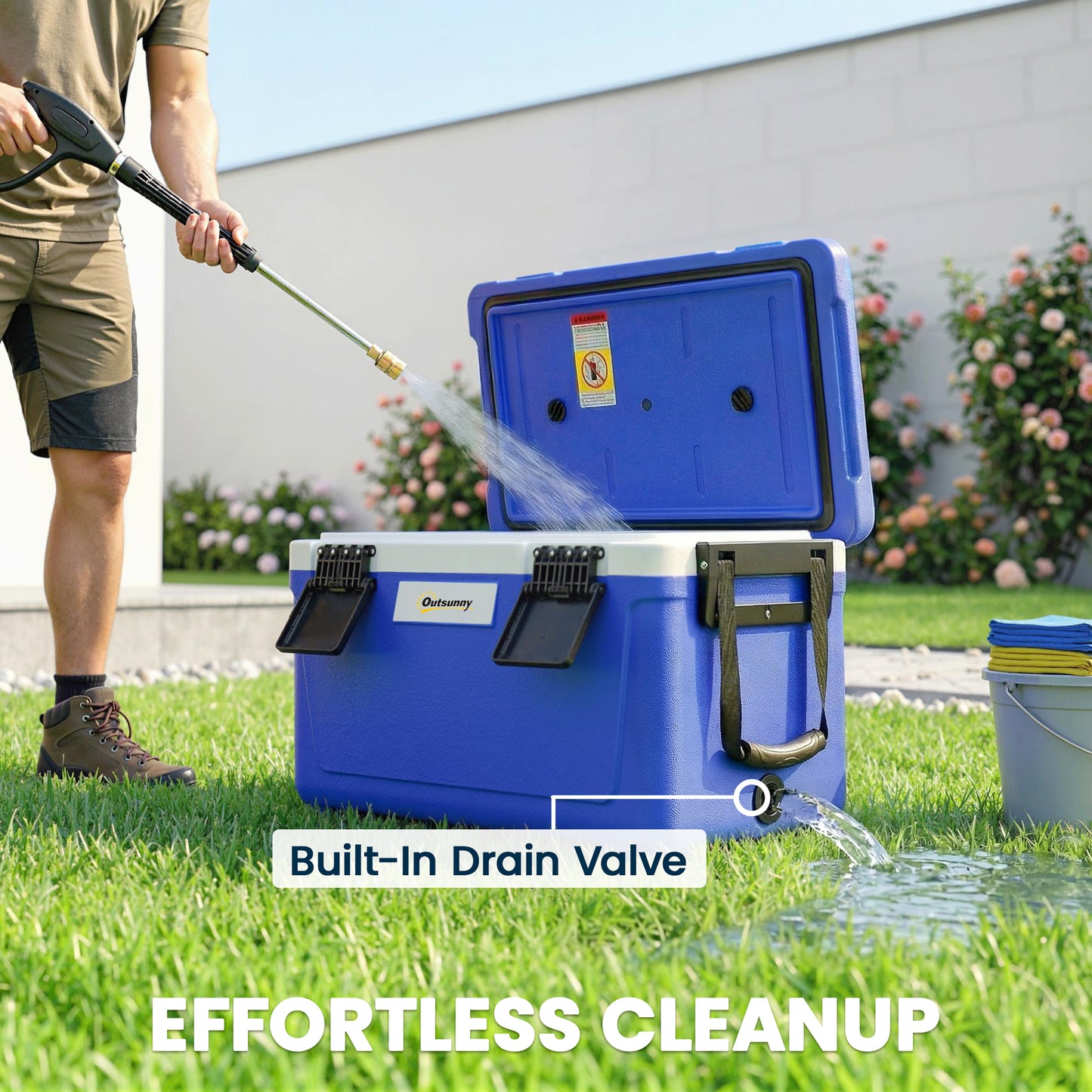 42.6L Insulated Cool Box, Lightweight Portable Ice Cooler with Handle, Lid and Drain Valve, Dark Blue