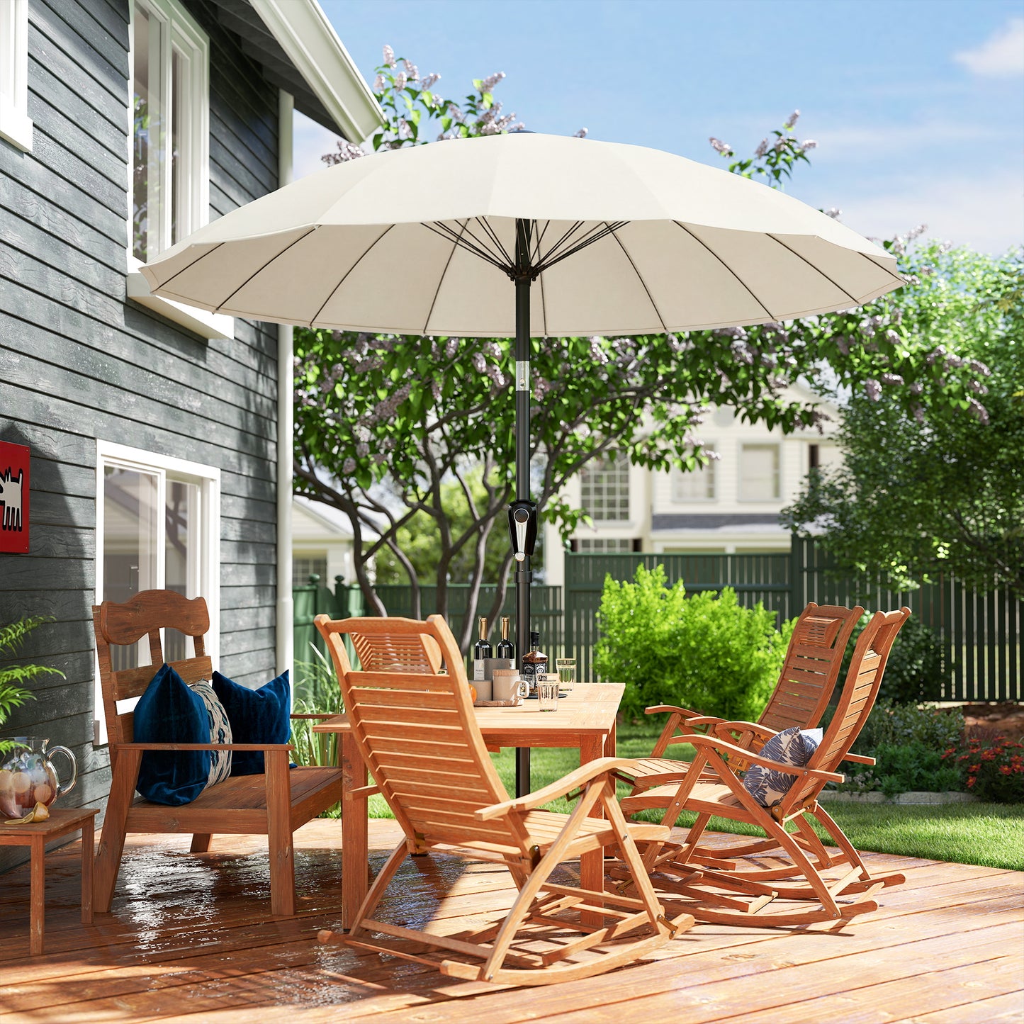 2 m Shanghai Garden Parasol Umbrella with 16 Fibreglass Ribs, Outdoor Parasol Sun Shade with Crank & Tilt, Cream White