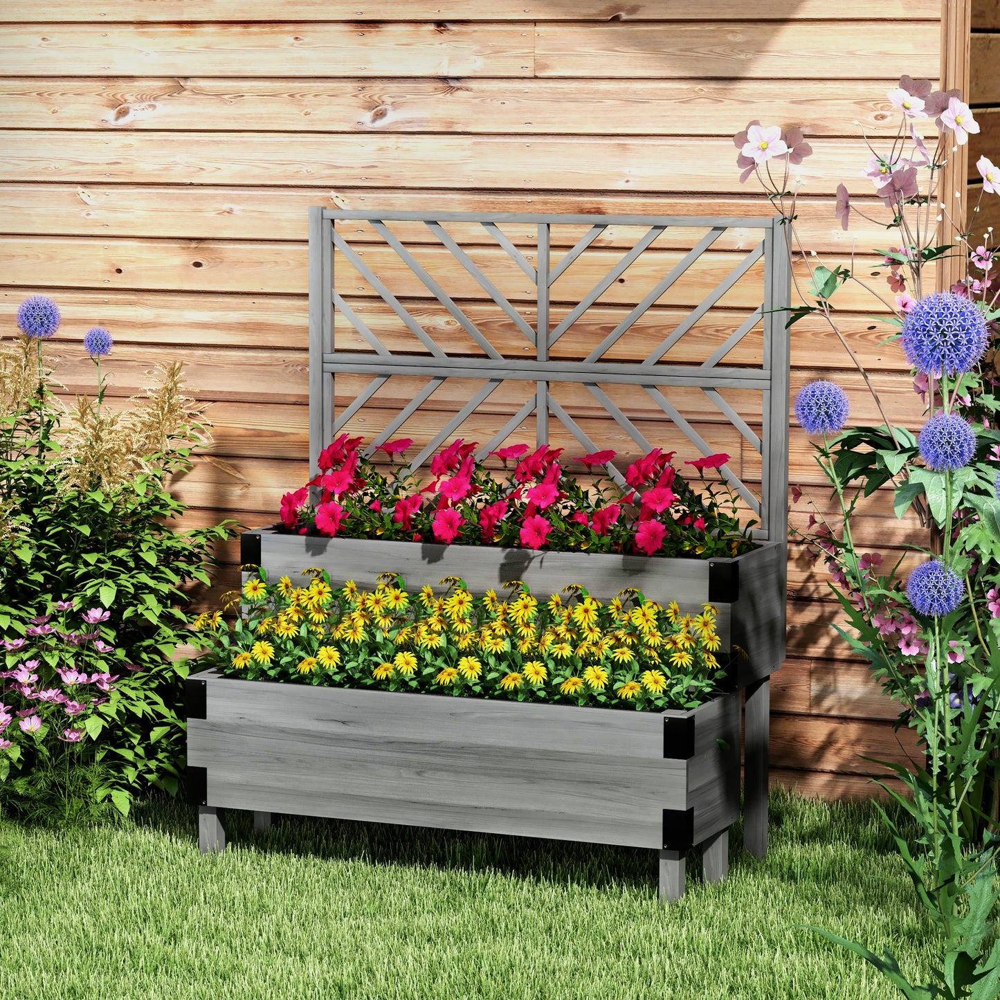 Raised Garden Bed with Trellis, 2-Tier Wooden Elevated Planter Box for Vegetables, Flowers, Herbs, Grey