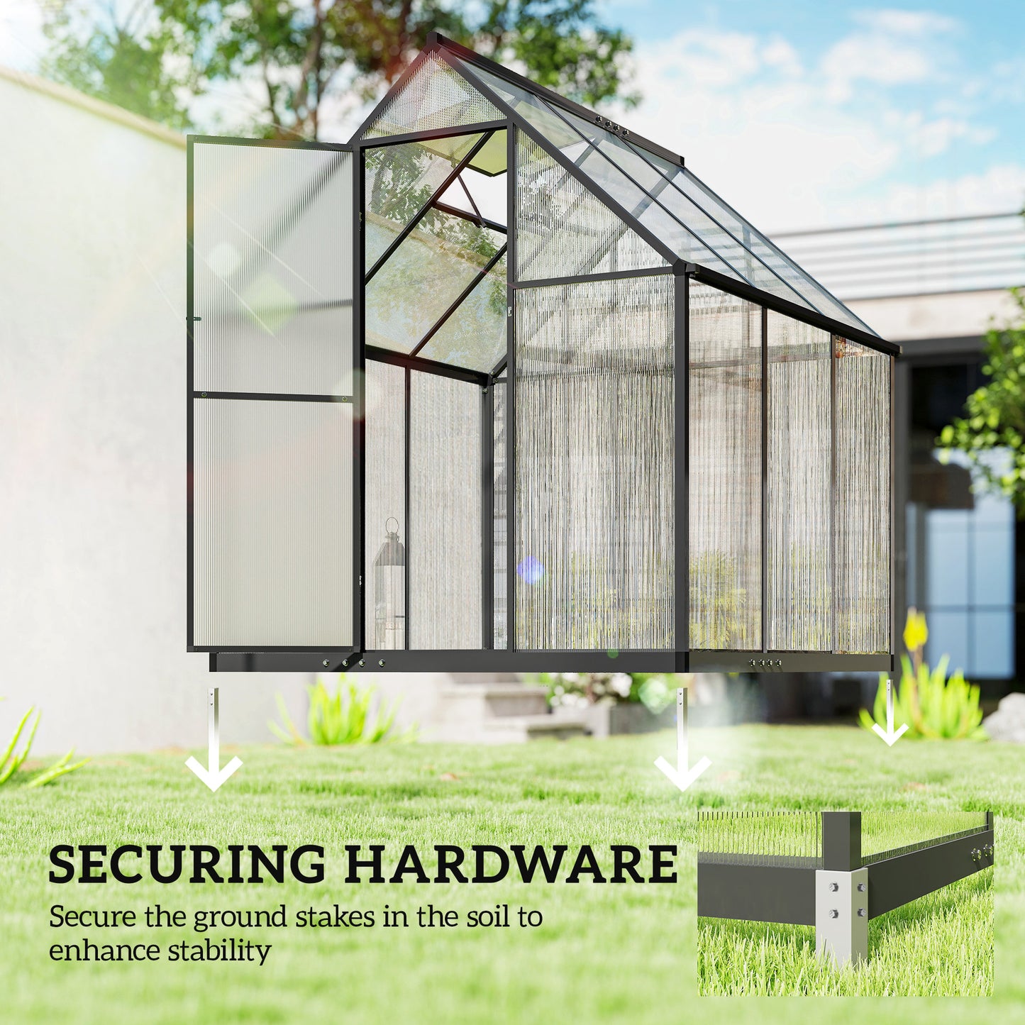 Polycarbonate Greenhouse with Swing Door and Adjustable Window, Walk-in Greenhouse with Rain Gutter, 5.5 x 6ft, Black