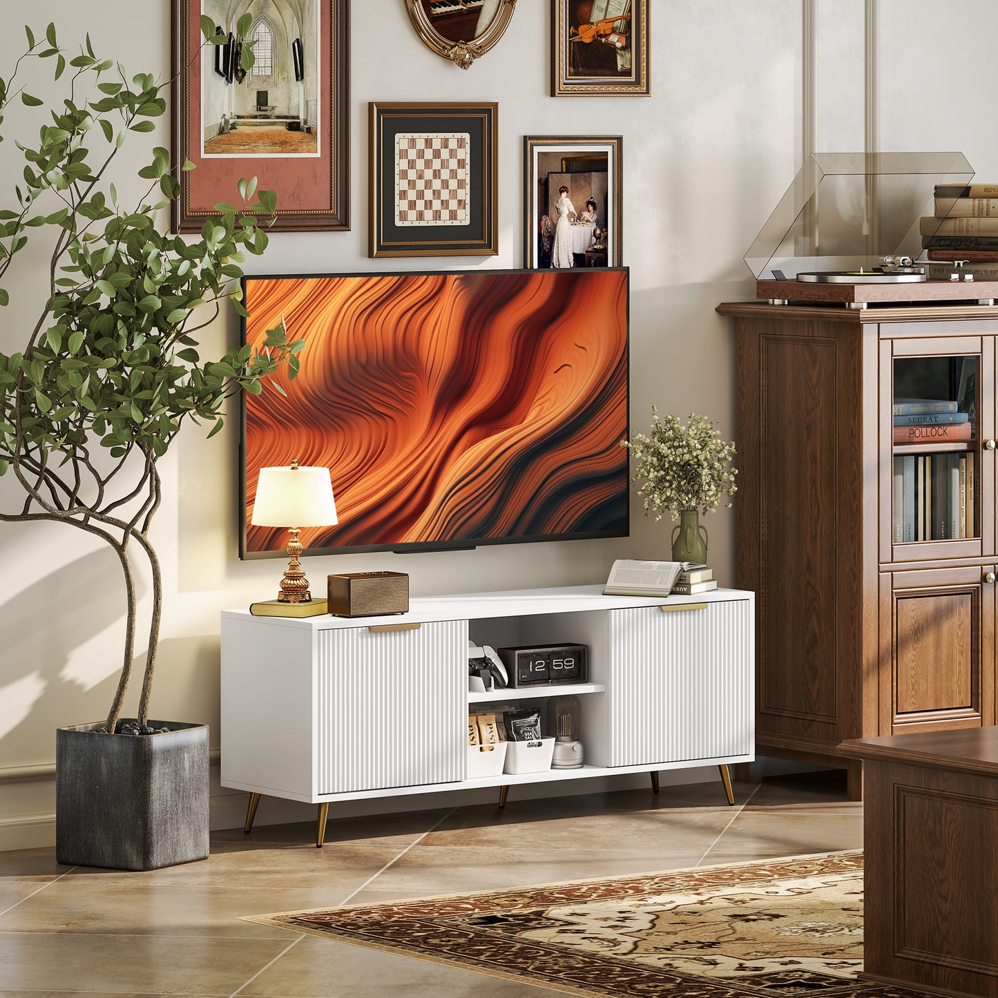 Modern TV Stand Cabinet for TVs up to 55", TV Unit with 2 Open Shelves and 2 Cabinets