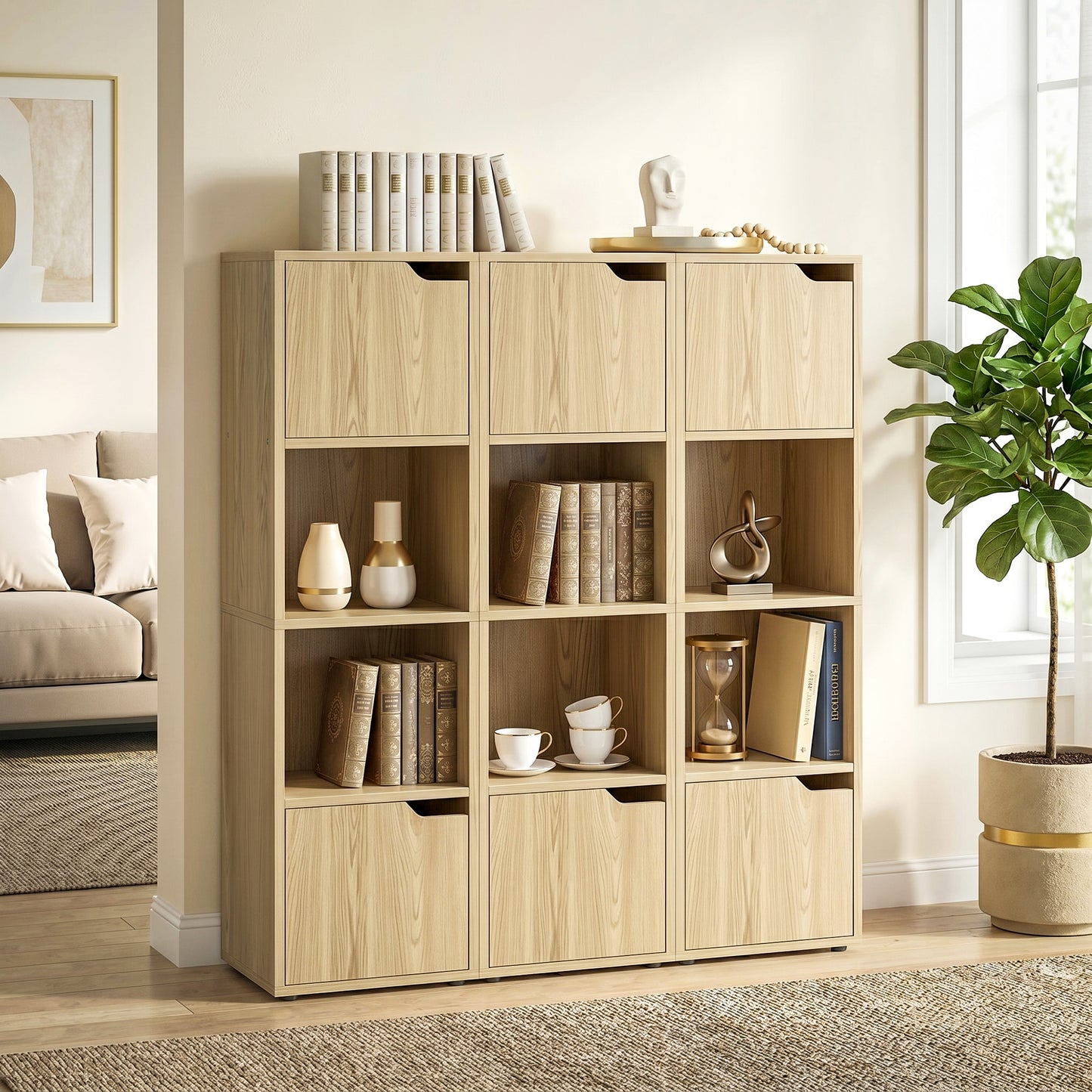 Narrow Bookcase, 4-Tier Bookshelf, Storage Cabinet with doors for Living Room, Bedroom, Oak