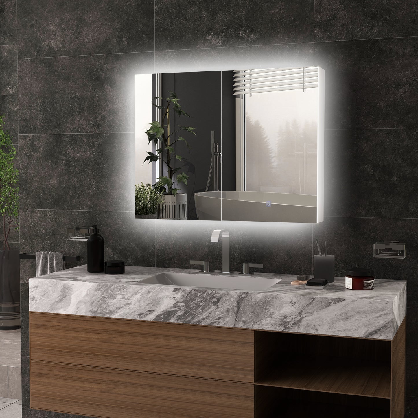 Bathroom Mirror Cabinet with Light, Bathroom Storage Cupboard with Adjustable Shelf, USB Powered, 90x15x70cm, White
