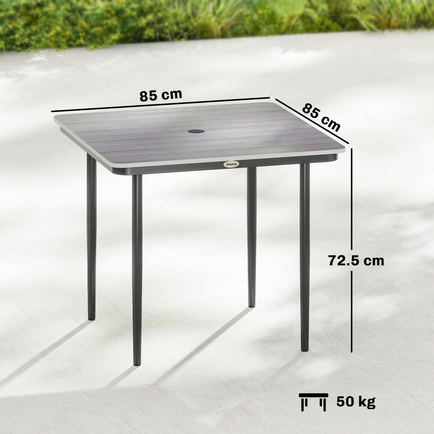 Garden Dining Table for 4, 85 cm Square Outdoor Table with Umbrella Hole, Faux Wood Top, Metal Legs, Light Grey