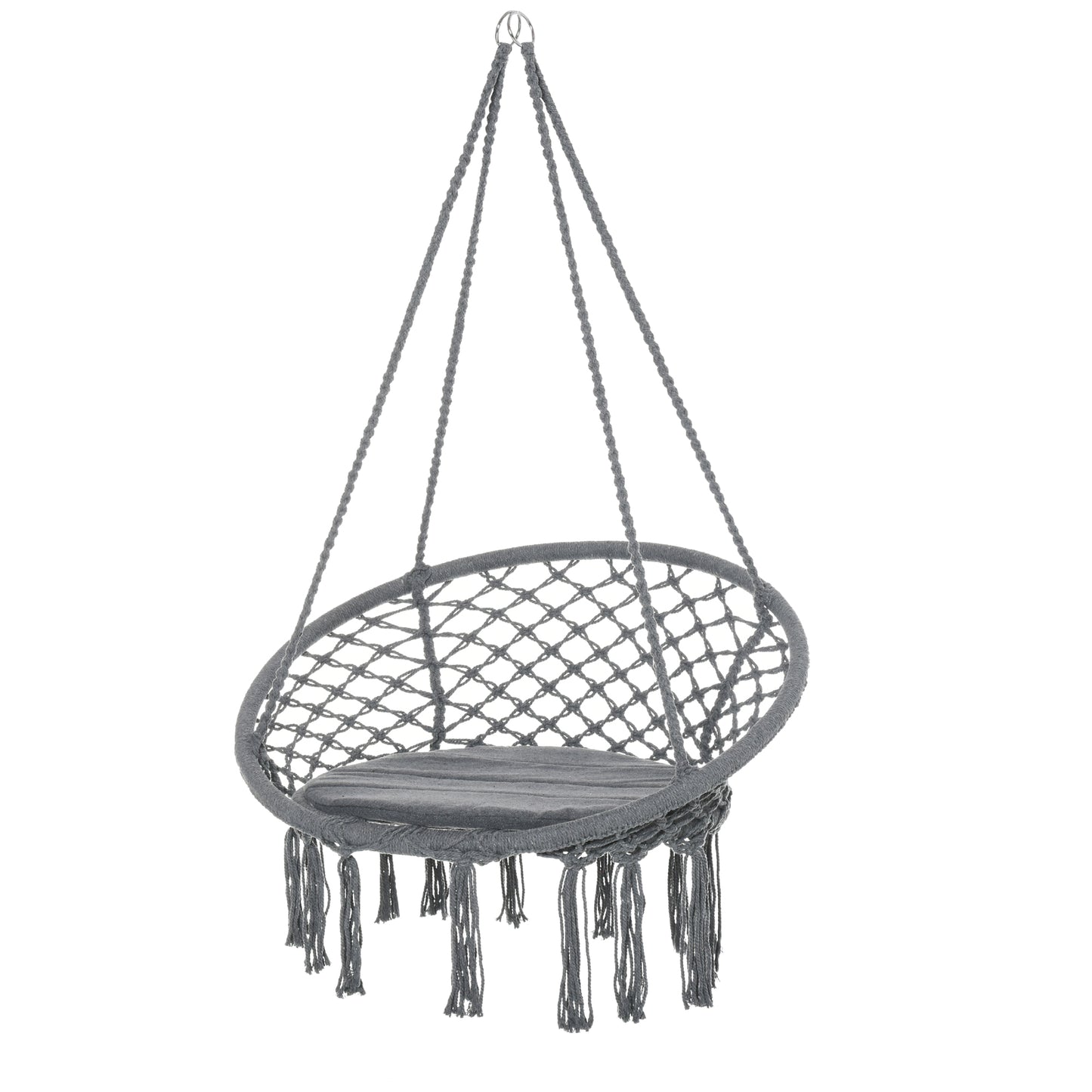 Outdoor Cotton-Polyester Blend Macrame Hanging Rope Chair with Cushion, Portable Garden Chair with Fringe Tassels for Patio