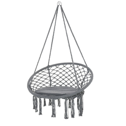 Outdoor Cotton-Polyester Blend Macrame Hanging Rope Chair with Cushion, Portable Garden Chair with Fringe Tassels for Patio