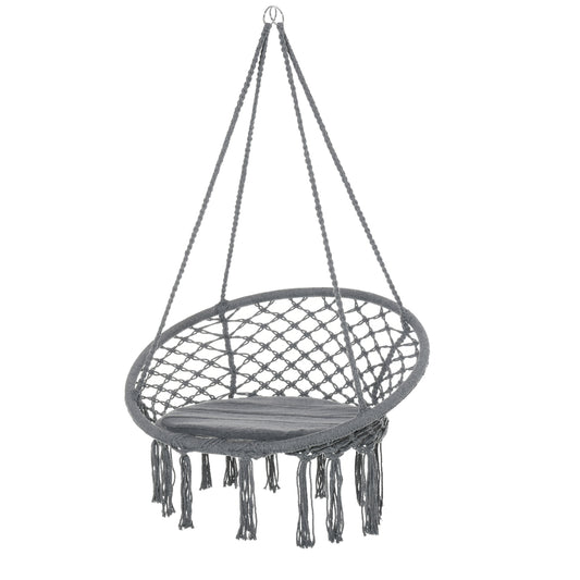 Outdoor Cotton-Polyester Blend Macrame Hanging Rope Chair with Cushion, Portable Garden Chair with Fringe Tassels for Patio