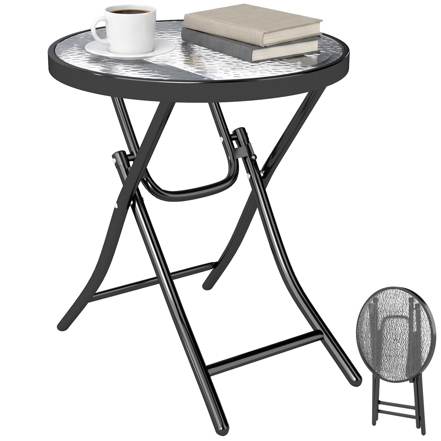 Foldable Garden Side Table, Round Folding Table with Glass Tabletop and Safety Buckle for Patio, Garden, Outdoor, Indoor