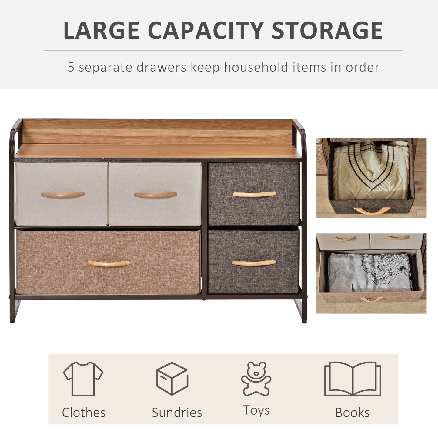 5-Drawer Dresser, Linen Fabric Chest of Drawers, Dresser Tower Unit for Bedroom Hallway Entryway