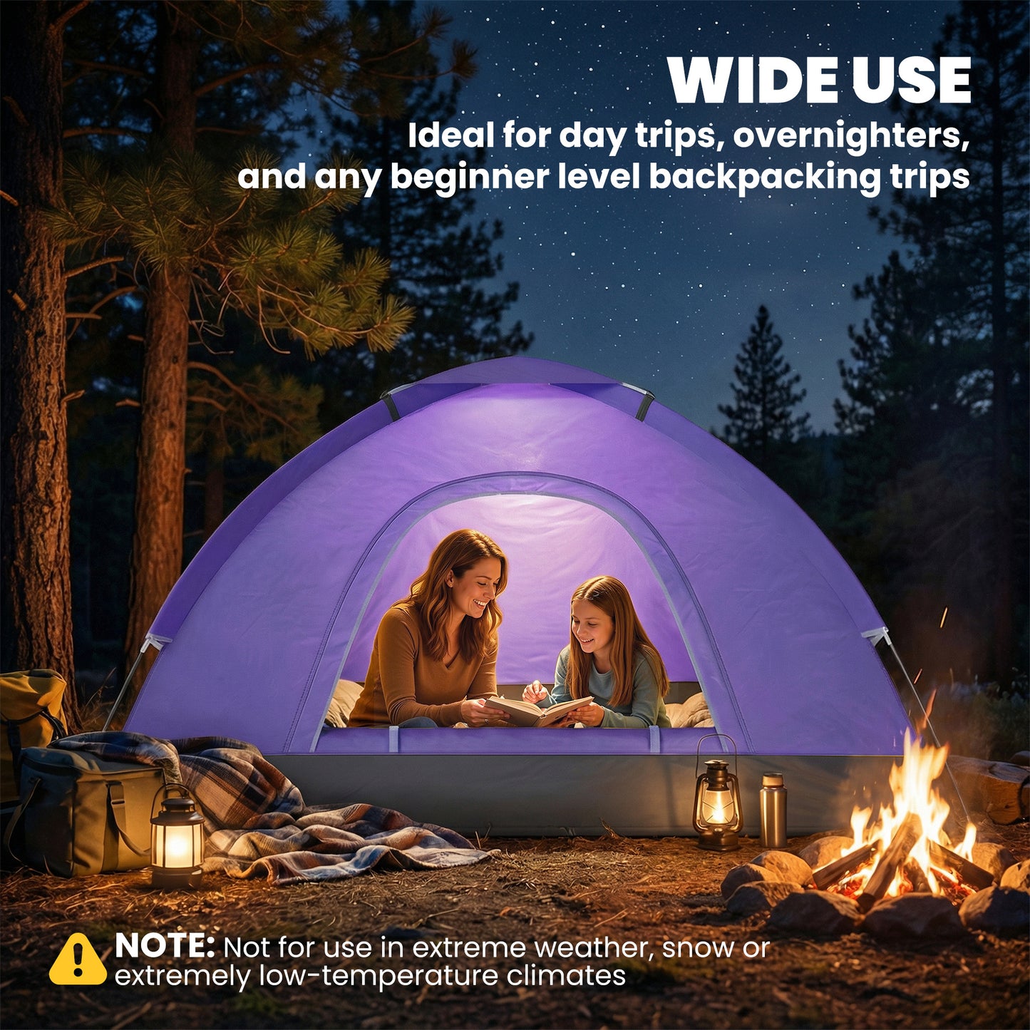 2 Person Camping Tent, Dome Tent with Zipped Doors, Storage Pocket, Portable Handy Bag, Light Purple