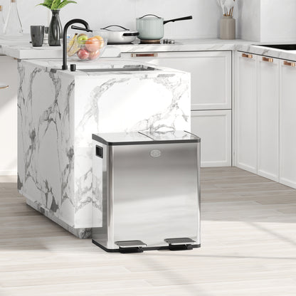 40L Dual Compartment Stainless Steel Bin, with Deodoriser Holders - Silver Tone