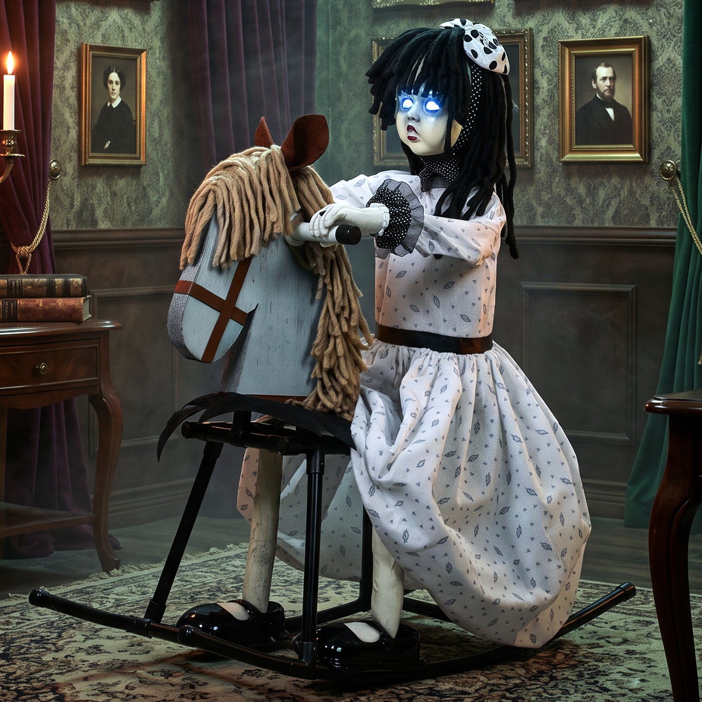 Animated Halloween Girl Riding Horse, Halloween Animatronics with Creepy Rhymes, Glowing Eyes, Sound/Touch Activated