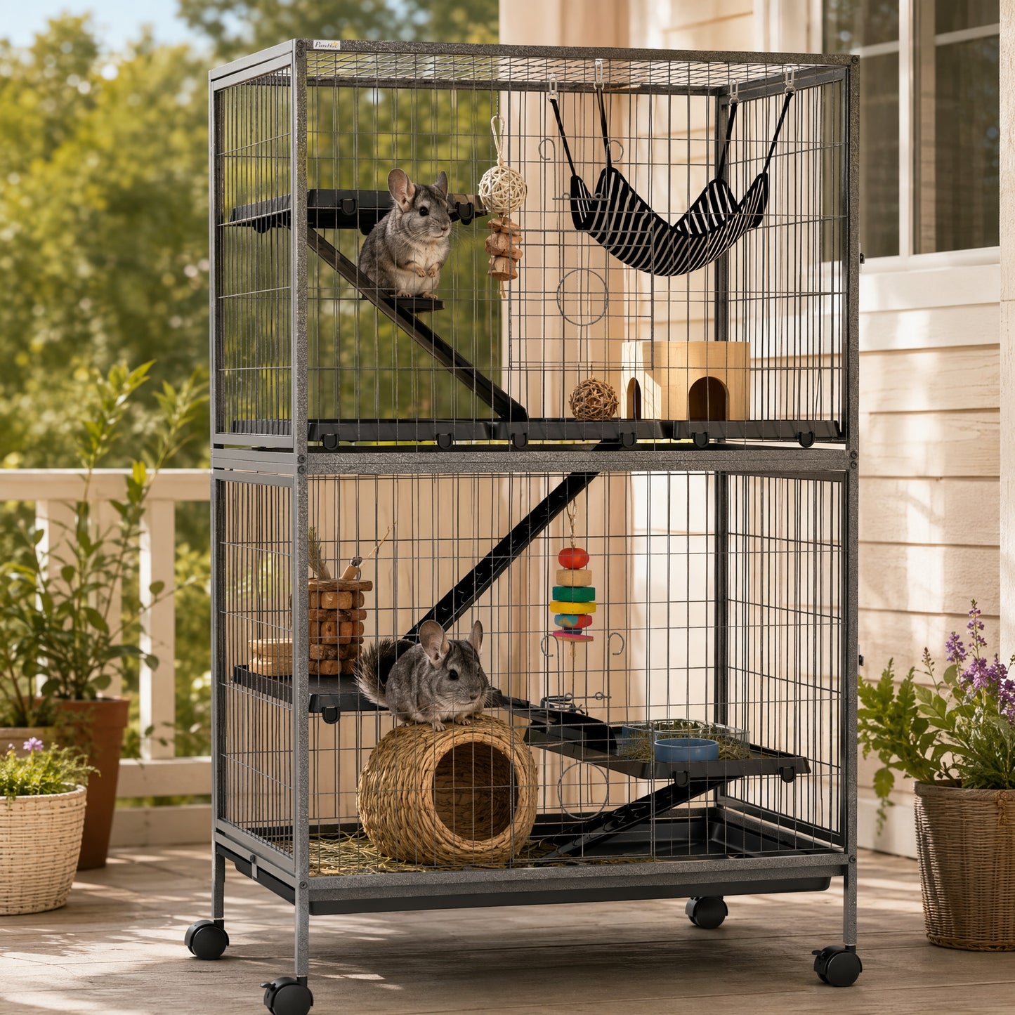 Small Animal Cage for Chinchilla Ferret Kitten on Wheels with Hammock Removable Tray, Grey